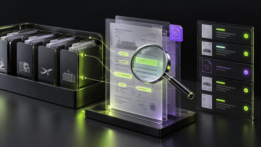 Generated visualization: Shipment folders, source-linked extraction, search, and missing-file review