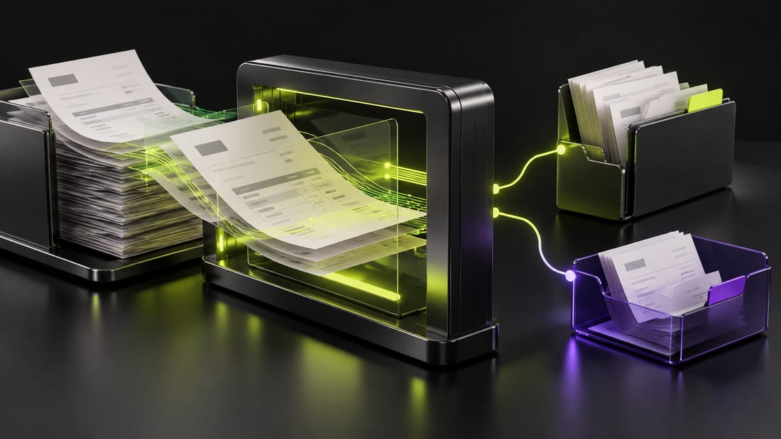 Generated visualization: Invoice extraction, purchase-order matching, and an exception review tray