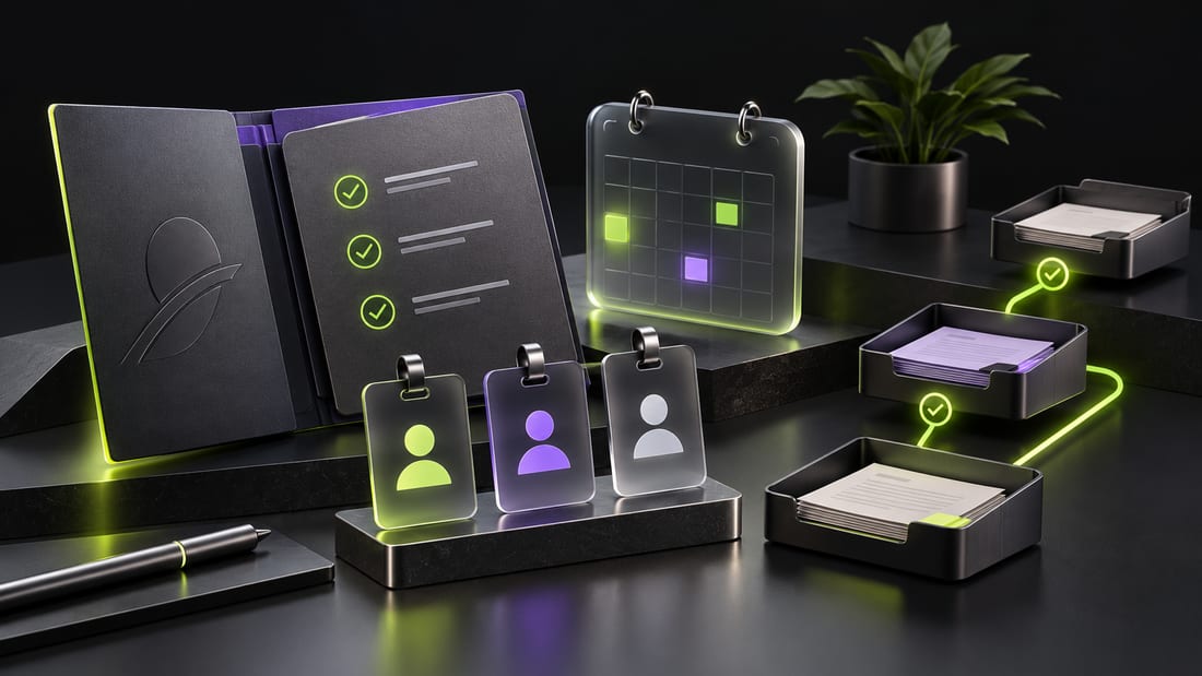 Generated visualization: Onboarding folders, employee badges, leave scheduling, and approval handoffs