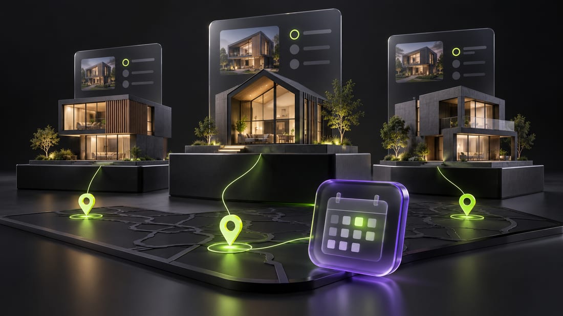 Generated visualization: Property models, comparison panels, viewing appointments, and location markers