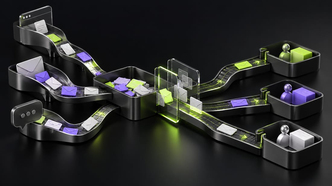 Generated visualization: Enquiry channels, a duplicate-check gate, and sales-owner routing