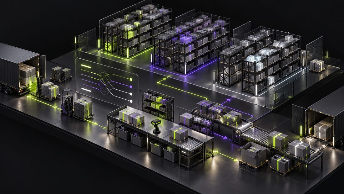 Generated visualization: Warehouse shelving, stock movements, reservations, and fulfilment stations